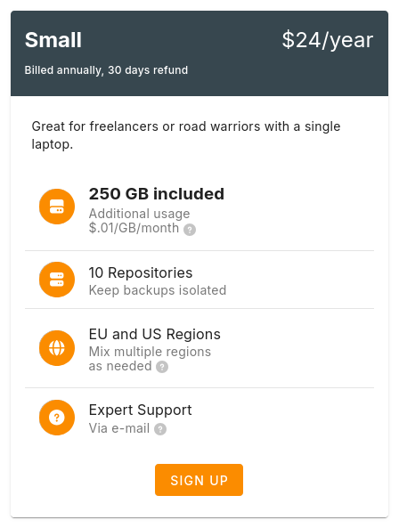 Capture d'écran du détail du plan "Small" de BorgBase, indiquant un tarif de 24 dollars par an, avec 250 Go d'inclus, 10 dépôts, un support expert par email et le choix de la région de localisation des dépôts entre USA et Europe.