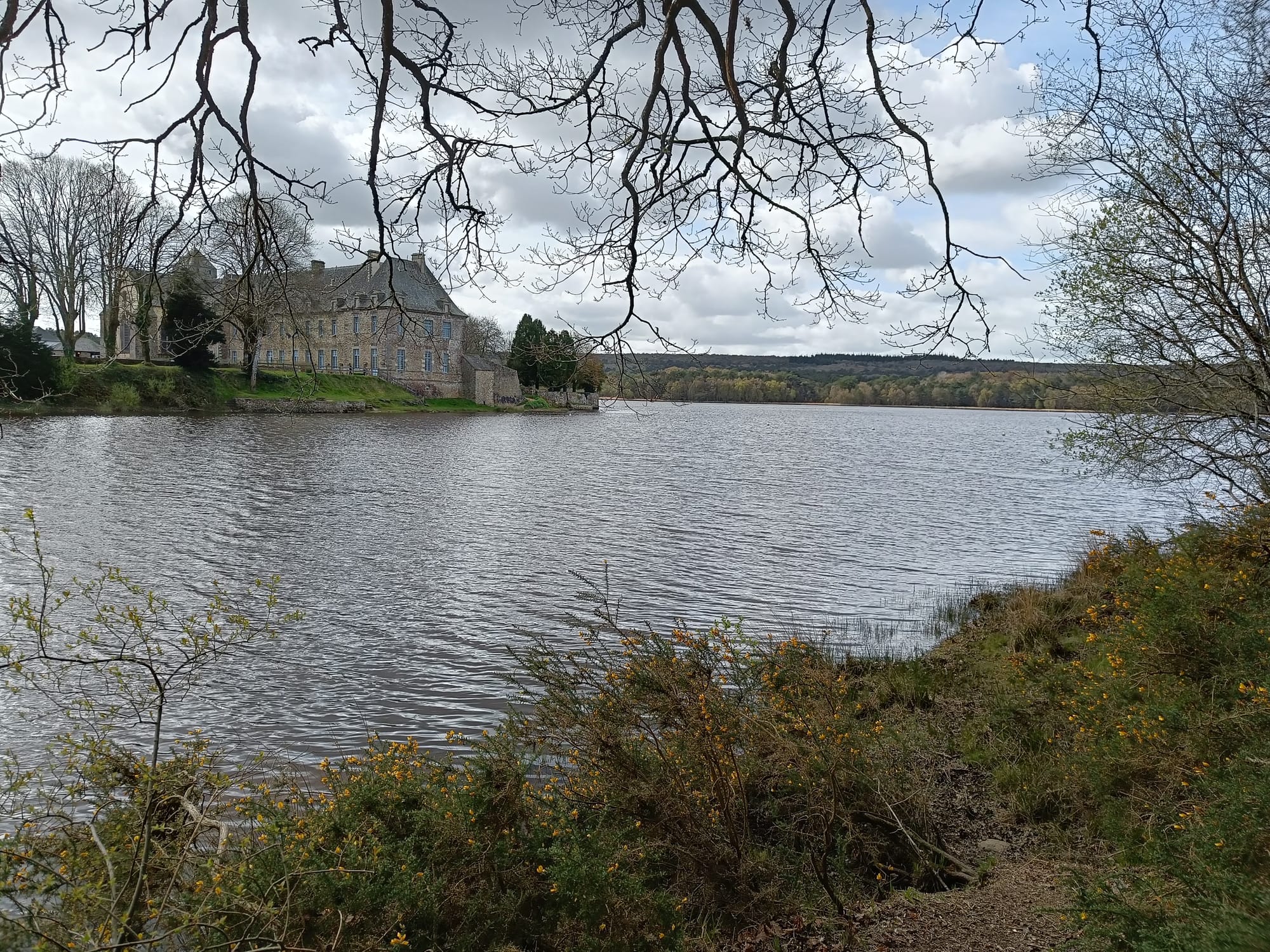 Photo du bord d'un étang avec l'abbaye de Paimpont sur la rive d'en face. Des arbres peuplent le fond de l'étang sous un ciel chargé de nuage.